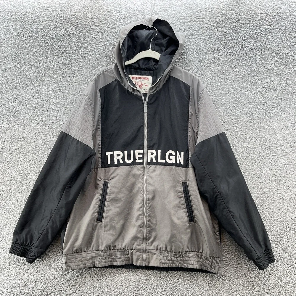 True Religion Jacket Men 2XL Gray Black Spellout Logo Full Zip Outdoor Windbreak